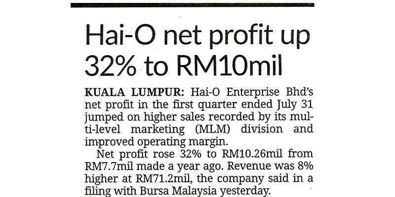 “Operating profit margin improved to 19% compared with previous year’s corresponding period of 15% as a result of effective cost optimisation initiatives and a favourable change of sales mix. ” Hai-O said.
