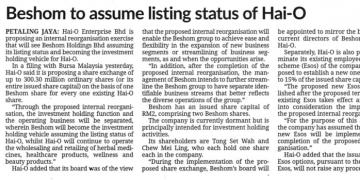 Beshom will become the investment holding vehicle assuming the listing status of Hai-O